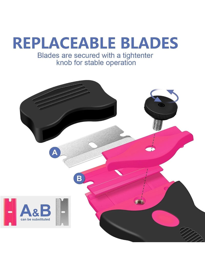 HOMESTAR 11-Piece Double Edged Razor Blade Scraper Tool Set | Dual-Head Adhesive Remover & Razor Blade Scraper Tool With 10 Razor Blades | For Removing Paint, Stickers, Labels, Caulk & Food Residue From Windows, Metal, Floors, Cars, Walls, Tiles, Glass, Stoves, Ovens & Induction Cooktops | Pink/Black | 1.8x4.95 Inch - Image 2